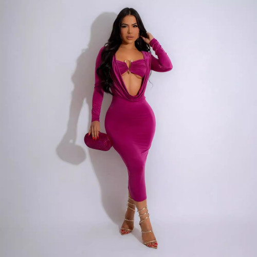 A7471 deep V-neck hanging pleated long sleeved dress