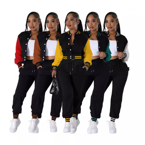 F6001 Fashion Baseball Suit Set Splicing Single breasted Two piece Set