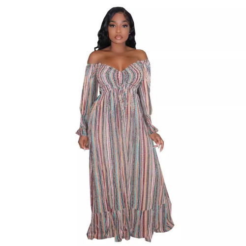 TW536 one shoulder pleated women's striped pleated dress