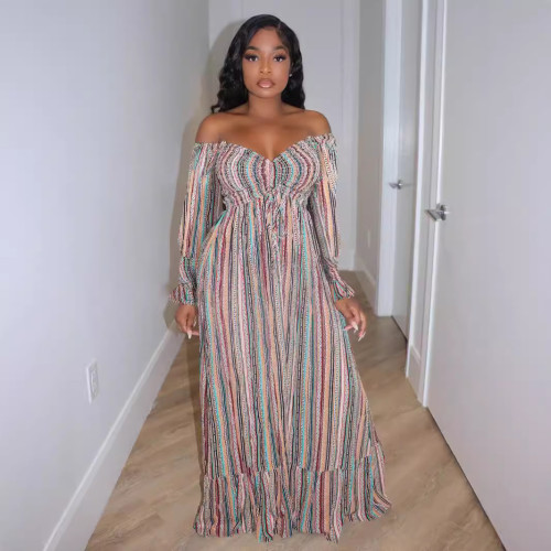 TW536 one shoulder pleated women's striped pleated dress