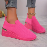 Round toe sloping heel fashionable women's single shoes, fly woven mesh casual sports shoes