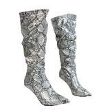 Wrinkled high boots, snake patterned slim high heels, fashion boots
