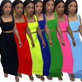 MM011 popular solid color tank top women's slim long skirt set