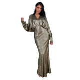 M8057 formal dress, bat long sleeved V-neck high waisted sexy long skirt
