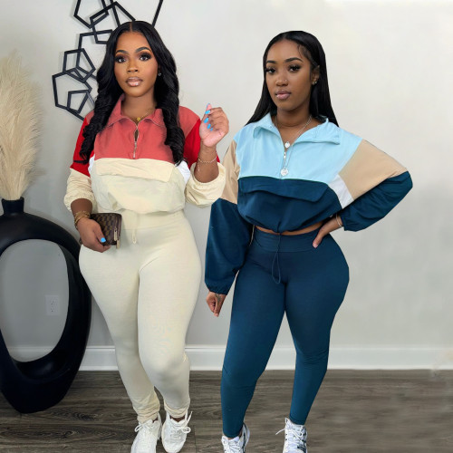 TW539 Contrast Set Zipper Color blocked Hoodie Tight Pants Sport Two Piece Set