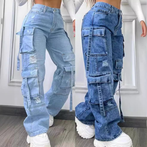 Versatile plus high waisted multi pocket casual workwear denim pants for women