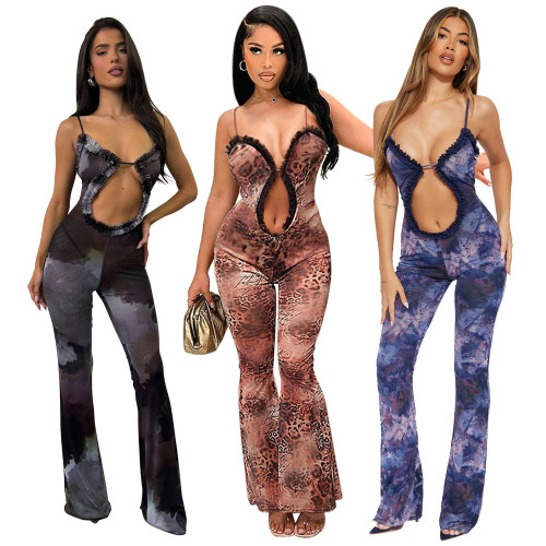 BL Hollow out navel slim fit micro horn jumpsuit for women's fashion and sexy perspective strap style