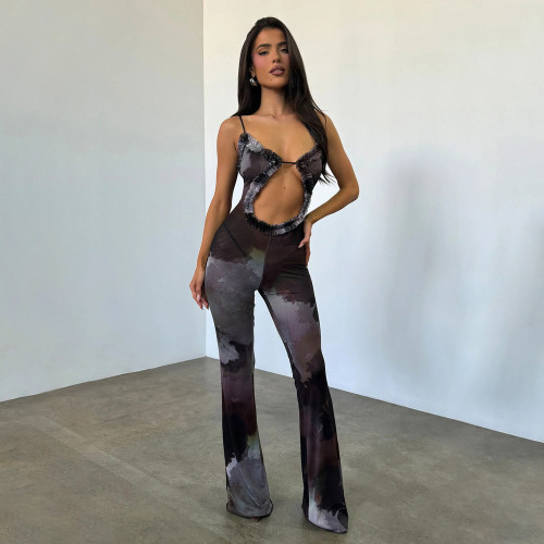 BL Hollow out navel slim fit micro horn jumpsuit for women's fashion and sexy perspective strap style