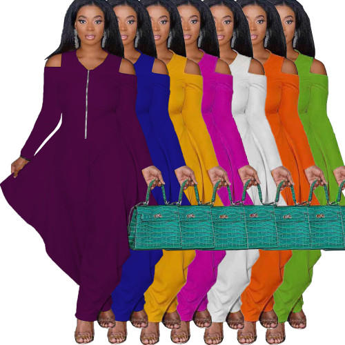 BX6057   New solid color off shoulder long sleeved fashionable loose jumpsuit