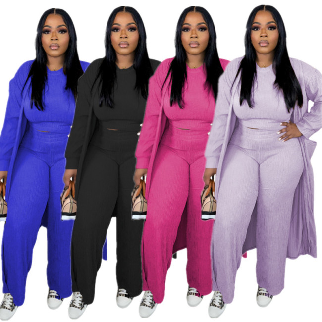 D2427 three piece solid color casual fashion jacket loose elastic pants