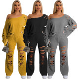MX6120   Solid color perforated loose hoodie two-piece set