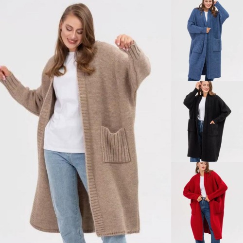 Cardigan solid color European and American women's knitted sweater women's loose medium long style