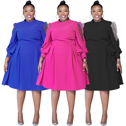 N8045 autumn new polka dot mesh see through lantern sleeves waist cinched plus size dress