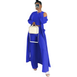 D2421 long sleeved jacket round neck vest elastic waist wide leg long pants three piece set