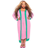 N7622 plus size chubby women's casual solid color striped patchwork long sleeved jacket with tie vest skirt set for women