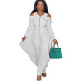 BX6057   New solid color off shoulder long sleeved fashionable loose jumpsuit
