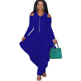 BX6057   New solid color off shoulder long sleeved fashionable loose jumpsuit