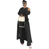 D2421 long sleeved jacket round neck vest elastic waist wide leg long pants three piece set