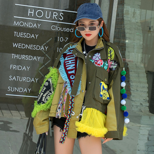 Women's heavy industry embroidery lace denim short windbreaker women's loose jacket