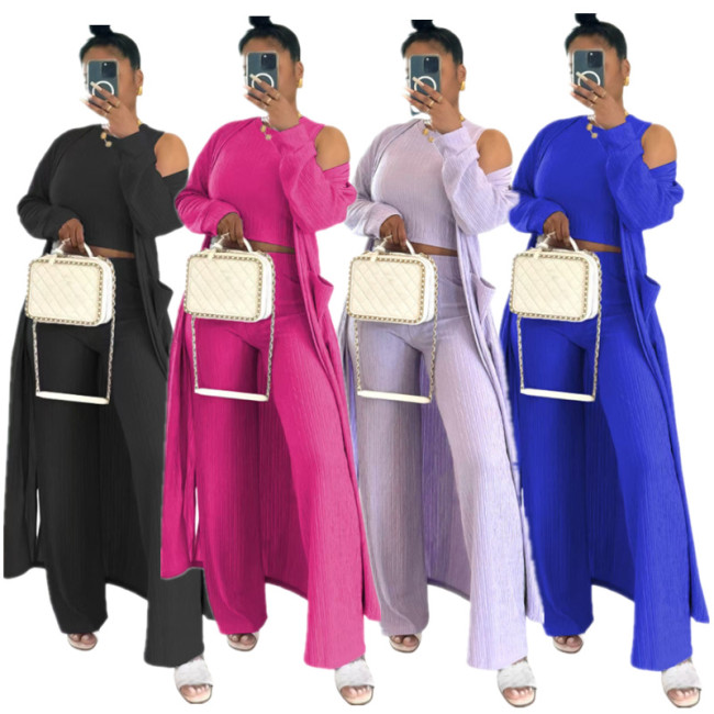 D2421 long sleeved jacket round neck vest elastic waist wide leg long pants three piece set