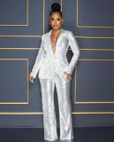 Jumpsuit European and American women's long sleeved V-neck sequined jumpsuit two-piece set