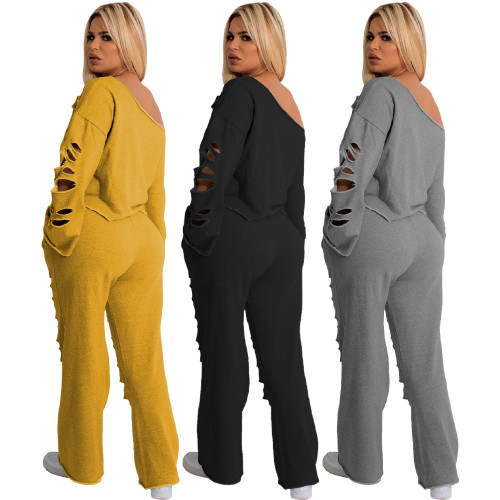 MX6120   Solid color perforated loose hoodie two-piece set