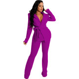 BX6070    Solid color fashion V-neck women's two-piece set