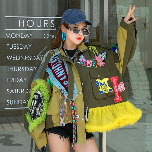Women's heavy industry embroidery lace denim short windbreaker women's loose jacket