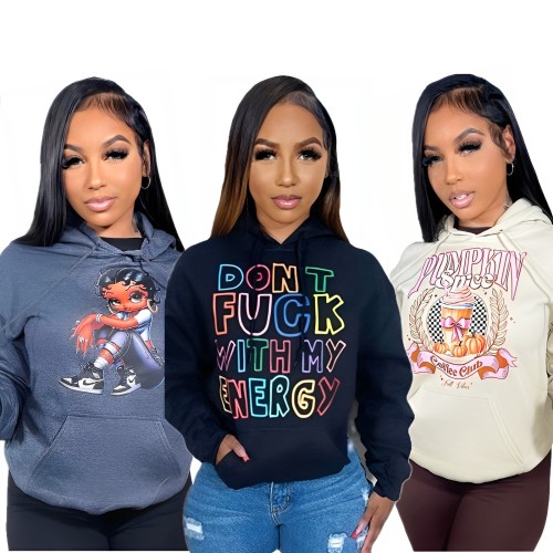 D2425 long sleeved hooded printed sweatshirt with plush loose casual top for women