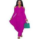 BX6057   New solid color off shoulder long sleeved fashionable loose jumpsuit