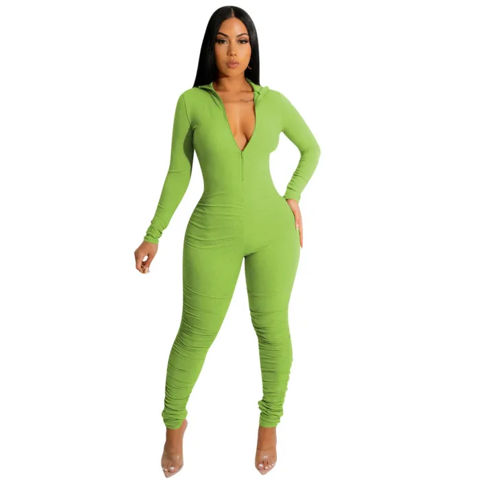 YD1167-E6   Fashionable solid color threaded V-neck jumpsuit