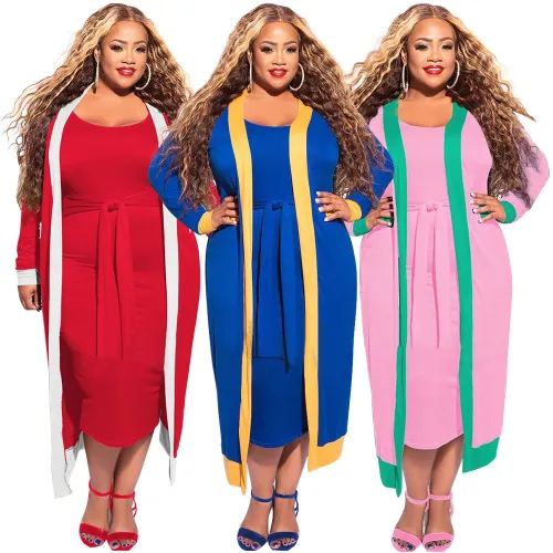 N7622 plus size chubby women's casual solid color striped patchwork long sleeved jacket with tie vest skirt set for women