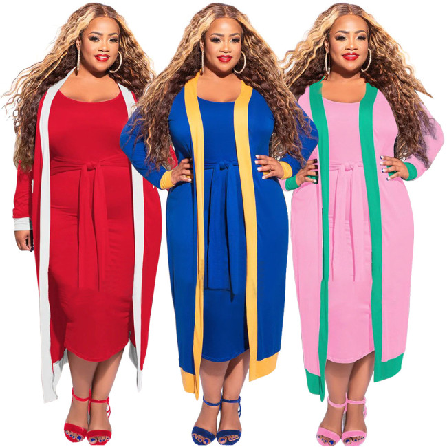 N7622 plus size chubby women's casual solid color striped patchwork long sleeved jacket with tie vest skirt set for women