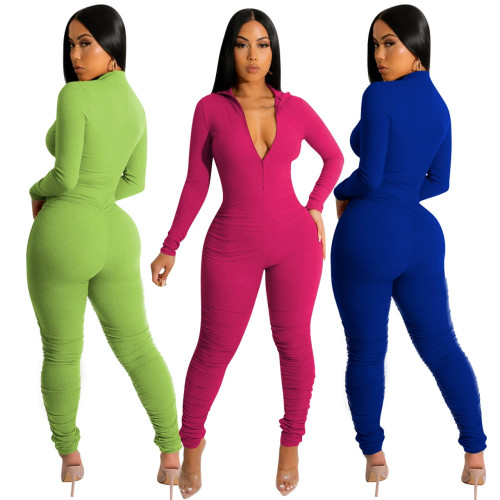 YD1167-E6   Fashionable solid color threaded V-neck jumpsuit
