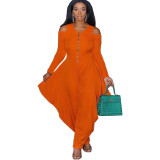 BX6057   New solid color off shoulder long sleeved fashionable loose jumpsuit