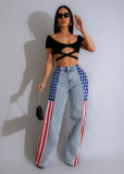 American flag print elastic wide leg denim pants for women