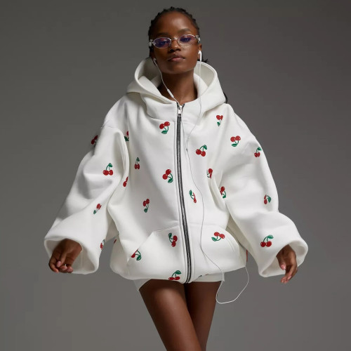 Cherry print sweatshirt jacket, loose and versatile sports hoodie for women