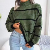 Sweater beauty autumn and winter high neck loose striped long sleeved sweater