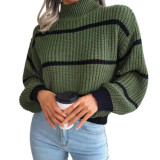 Sweater beauty autumn and winter high neck loose striped long sleeved sweater