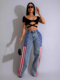 American flag print elastic wide leg denim pants for women