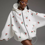 Cherry print sweatshirt jacket, loose and versatile sports hoodie for women