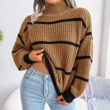 Sweater beauty autumn and winter high neck loose striped long sleeved sweater