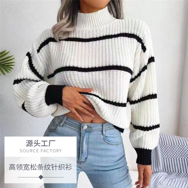 Sweater beauty autumn and winter high neck loose striped long sleeved sweater