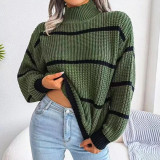Sweater beauty autumn and winter high neck loose striped long sleeved sweater