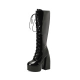 Autumn and winter cross tie patent leather high boots, not over the knee knight boots