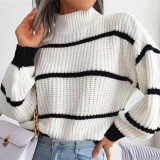 Sweater beauty autumn and winter high neck loose striped long sleeved sweater