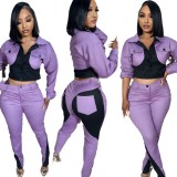 D2423 casual sports splicing color blocking long sleeved pants two-piece set