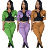 D2423 casual sports splicing color blocking long sleeved pants two-piece set