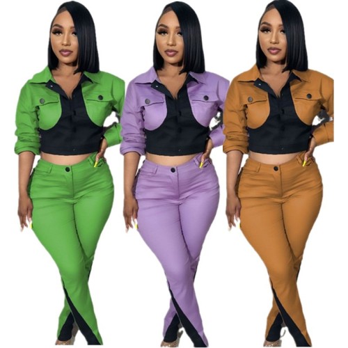 D2423 casual sports splicing color blocking long sleeved pants two-piece set