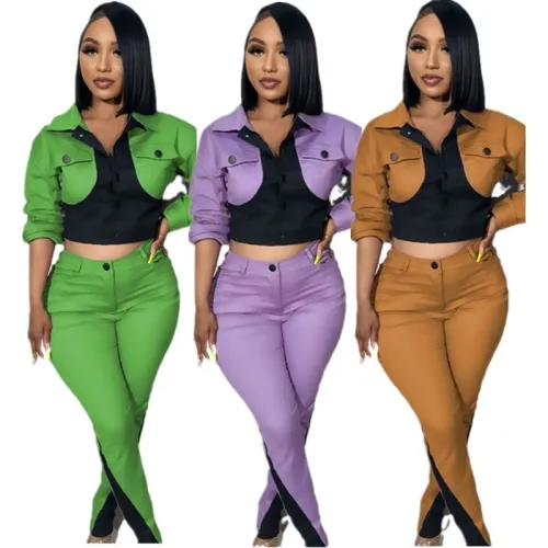 D2423 casual sports splicing color blocking long sleeved pants two-piece set